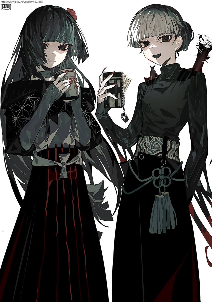 2girls absurdres alternate_costume black_eyes black_hair black_shirt black_skirt coffee coffee_cup cup disembodied_limb disposable_cup eeju fate/grand_order fate_(series) flower ghost_hands gradient_hair grey_hair hair_flower hair_ornament highres holding holding_cup holding_wallet komahime_(fate) long_hair long_skirt looking_at_viewer multicolored_hair multiple_girls nail_polish red_nails sen_no_rikyu_(fate) shirt simple_background skirt wallet white_background women's_wallet