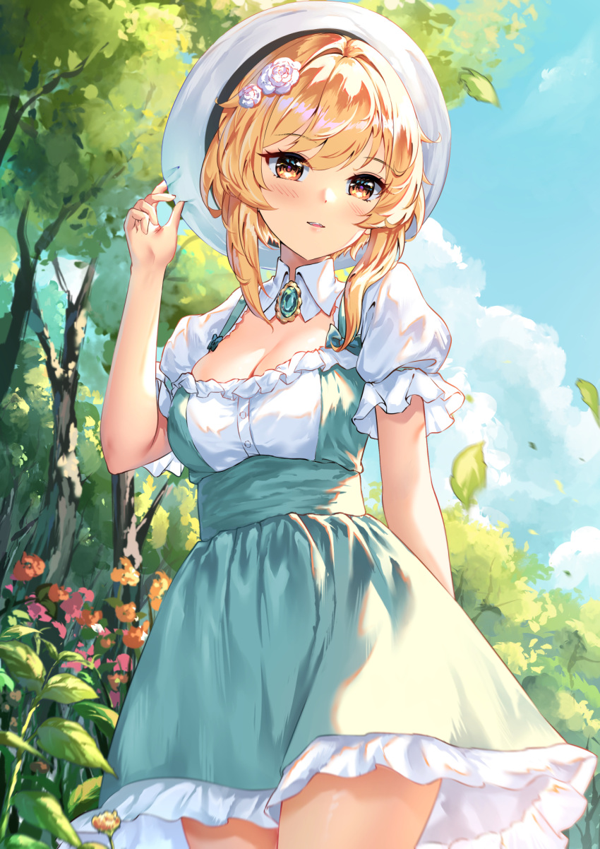 1girl beret blonde_hair blue_skirt blue_sky blush breasts brown_eyes brown_flower chahei cleavage cloud day flower frilled_skirt frills genshin_impact hair_between_eyes hair_flower hair_ornament hand_up hat highres lumine_(genshin_impact) medium_breasts outdoors parted_lips pink_flower puffy_short_sleeves puffy_sleeves shirt short_sleeves skirt sky solo suspender_skirt suspenders tree white_flower white_headwear white_shirt