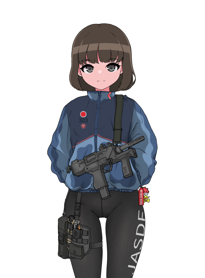 1girl absurdres blue_jacket brown_hair full-length_zipper grey_eyes gun hand_in_pocket highres hrna jacket japan_air_self-defense_force japan_self-defense_force jewelry locket military original pantyhose pendant short_hair weapon white_background zipper