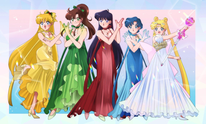 0yasumi_0nemu3 5girls aino_minako back_bow bishoujo_senshi_sailor_moon black_hair blonde_hair blue_choker blue_eyes blue_hair bow breasts brown_hair choker cleavage crescent crescent_facial_mark cutie_moon_rod double_bun dress earrings facial_mark flower_earrings forehead_mark green_choker green_eyes hair_bobbles hair_bow hair_bun hair_ornament high_heels highres hino_rei huge_bow jewelry kino_makoto long_hair medium_hair mizuno_ami moon_stick multiple_girls parted_bangs ponytail princess_jupiter princess_mars princess_serenity princess_venus purple_eyes purple_hair red_bow red_choker short_hair sidelocks strapless strapless_dress stud_earrings swept_bangs tsukino_usagi twintails very_long_hair white_dress yellow_choker yellow_dress