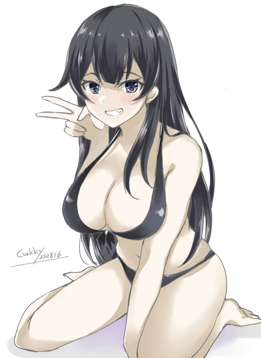 1girl agano_(kancolle) artist_name barefoot bikini black_bikini black_eyes black_hair breasts cleavage commentary_request full_body gakky grin highres kantai_collection large_breasts long_hair one-hour_drawing_challenge simple_background sitting smile solo swimsuit v wariza white_background