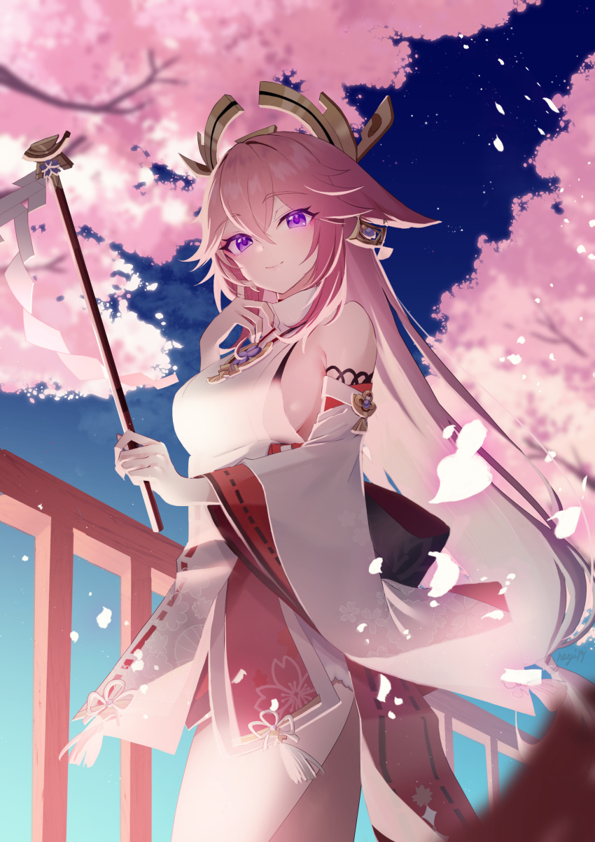 1girl absurdres animal_ears aonegi back_bow bare_shoulders black_bow blue_sky blush bow branch bridge cherry_blossoms closed_mouth detached_sleeves earrings floral_print fox_ears fox_girl gem genshin_impact gohei gold_trim gradient_sky hair_between_eyes hair_ornament hands_up highres holding holding_gohei japanese_clothes jewelry long_hair long_sleeves looking_at_viewer low-tied_long_hair nontraditional_miko outdoors petals pink_hair pink_skirt purple_eyes purple_gemstone shirt sidelocks skirt sky smile solo standing tassel tree vision_(genshin_impact) white_shirt wide_sleeves yae_miko