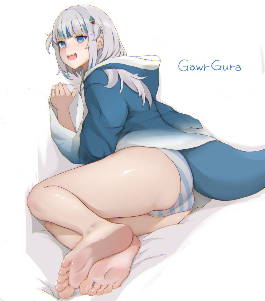 1girl absurdres bare_legs barefoot blue_eyes blue_hoodie feet gawr_gura highres hololive hololive_english hood hoodie iicedcola open_mouth panties shark_girl sharp_teeth soles solo striped striped_panties teeth thighs toes underwear upper_teeth_only virtual_youtuber