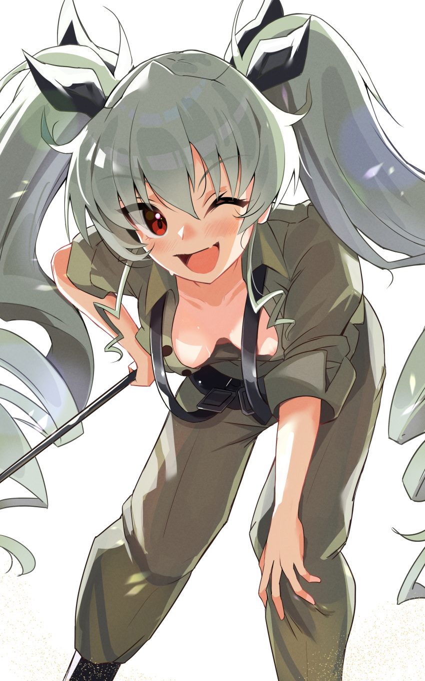 1girl absurdres adapted_uniform anchovy_(girls_und_panzer) anzio_military_uniform backlighting belt black_belt black_footwear black_ribbon blaze_(blazeillust) blush boots breasts collared_shirt commission downblouse drill_hair fang girls_und_panzer green_hair grey_pants grey_shirt hair_ribbon hand_on_own_hip hand_on_own_knee highres holding holding_riding_crop leaning_forward long_hair looking_at_viewer medium_breasts military military_uniform nipple_slip nipples no_bra one_eye_closed open_mouth pants partially_unbuttoned pixiv_commission red_eyes ribbon riding_crop shirt simple_background skin_fang sleeves_rolled_up smile solo standing suspenders sweat twin_drills twintails uniform very_long_hair white_background wing_collar