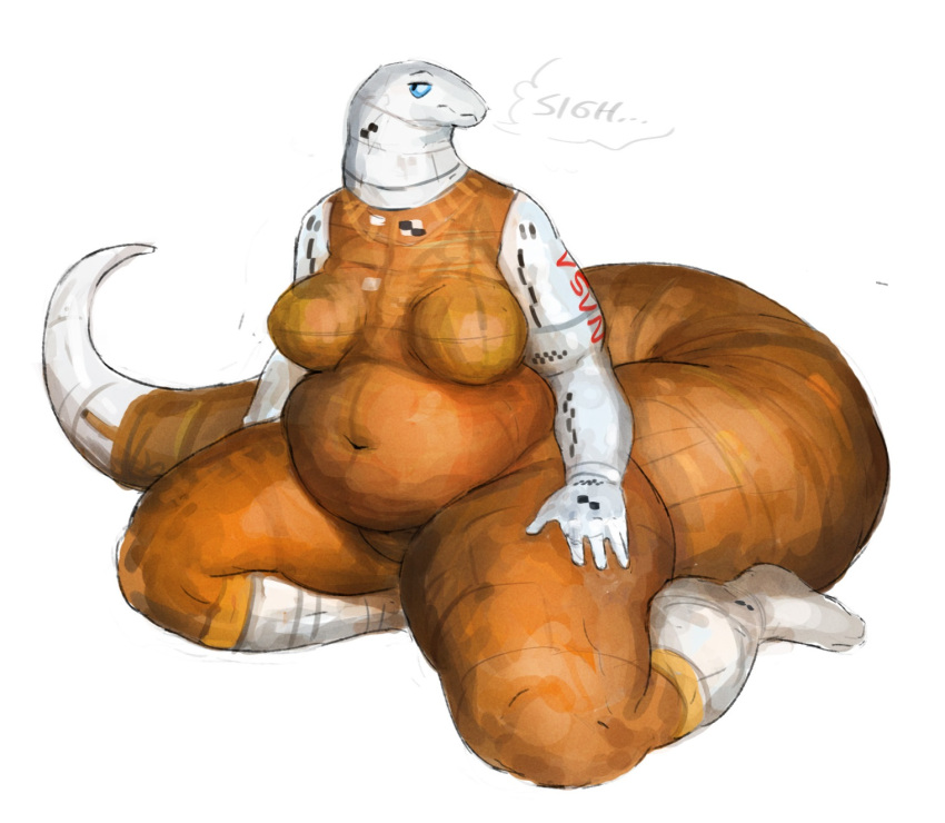 2022 aircraft anthro belly bent_legs big_belly breasts cettus english_text featureless_breasts featureless_crotch female hand_on_leg hand_on_thigh hi_res living_aircraft living_machine living_vehicle machine nasa nude orange_body orange_skin overweight overweight_anthro overweight_female rocket sigh simple_background sitting solo spacecraft text vehicle white_background white_body white_skin