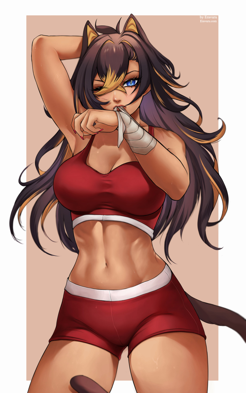 1girl absurdres arm_up bangs bare_arms bare_shoulders black_hair blonde_hair blue_eyes breasts cat_tail cleavage commentary_request cowboy_shot crop_top dehya_(genshin_impact) eravuru genshin_impact hair_between_eyes highres kemonomimi_mode large_breasts long_hair looking_at_viewer midriff multicolored_hair navel one_eye_closed pointy_hair red_shorts short_shorts shorts solo sports_bra standing stomach streaked_hair tail thighs very_long_hair wrist_wrap