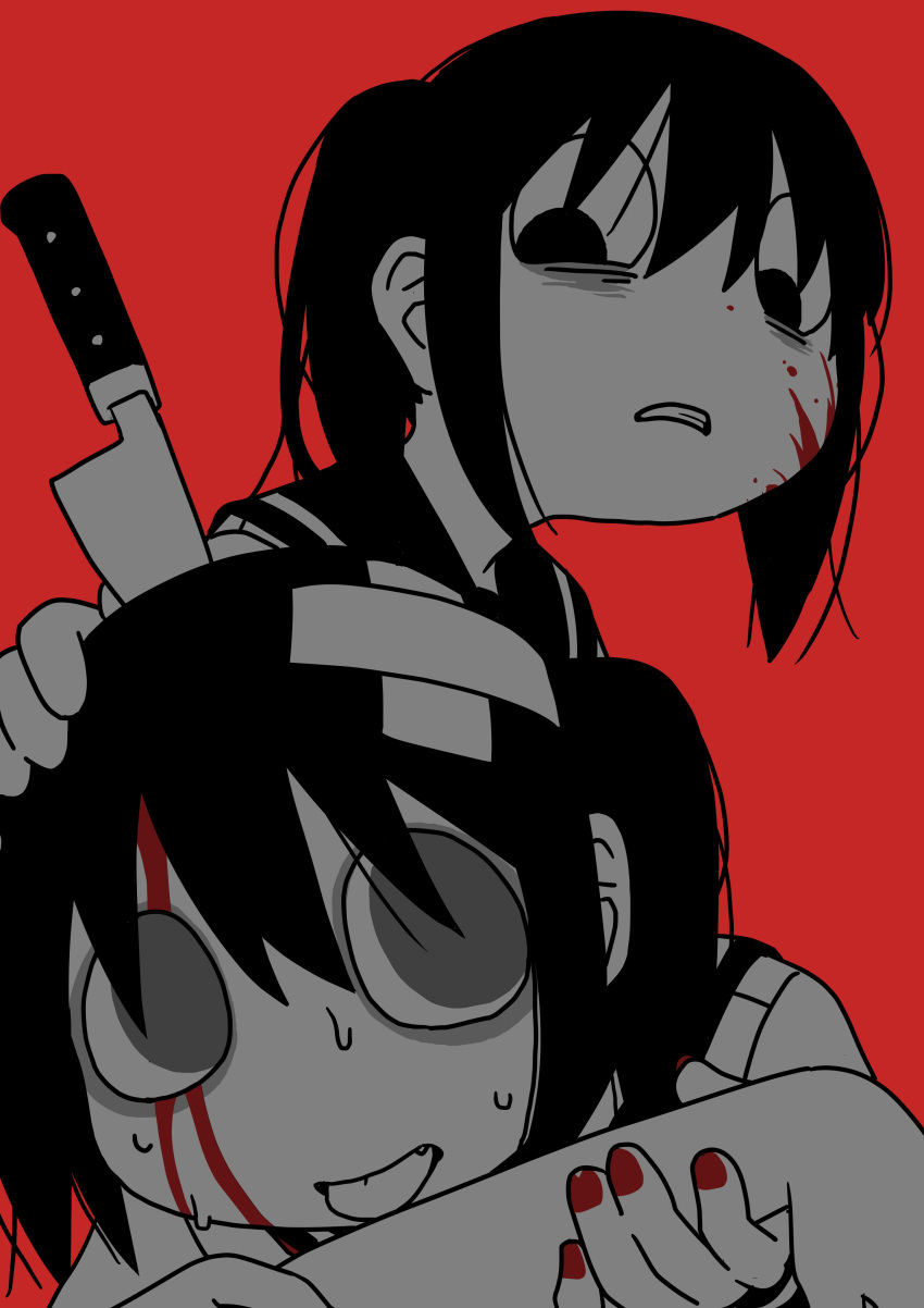 2girls absurdres bags_under_eyes bandaid bandaid_on_head behind_another blood blood_on_face commentary crossed_bandaids disembodied_limb dual_persona explosion_psycho fang greyscale grimace haguruma_hasami hair_strand hand_on_another's_head hands_up highres hunched_over imminent_bite knife_in_head looking_down monochrome multiple_girls object_through_head original red_background red_nails sailor_collar school_uniform serafuku short_hair spot_color tongue tongue_out twintails wide-eyed zombie