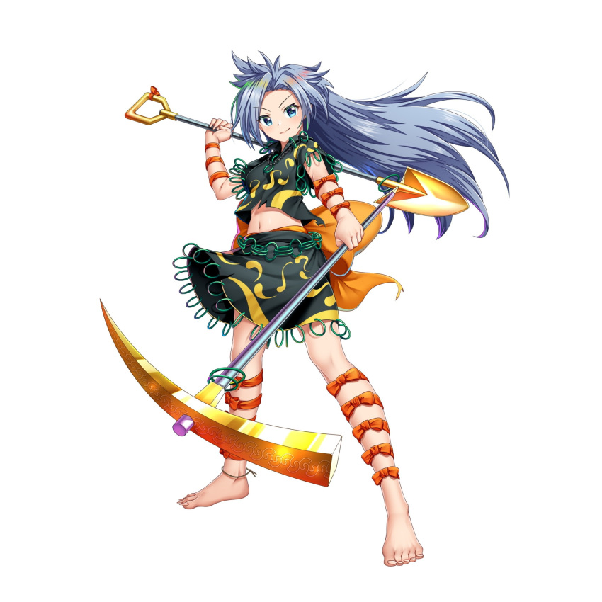 1girl barefoot black_shirt black_skirt blue_eyes bow breasts closed_mouth full_body game_cg grey_hair highres himemushi_momoyo holding holding_pickaxe holding_shovel long_hair looking_at_viewer navel orange_bow parted_bangs pickaxe rotte_(1109) shirt short_sleeves shovel simple_background skirt smile solo third-party_source touhou touhou_lost_word white_background