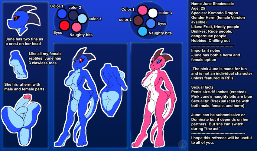 2017 3_toes alternate_color anthro anus areola balls big_breasts big_penis blue_body blue_eyes blue_penis blue_scales blue_skin breasts butt character_name color_swatch digital_media_(artwork) english_text feet fingers genitals glans herm intersex june_(justathereptile) justathereptile komodo_dragon lizard model_sheet monitor_lizard non-mammal_breasts nude penis pink_body pink_glans pink_pussy pink_scales pink_skin pussy red_eyes reptile scales scalie scutes simple_background smile solo tail text toes watermark