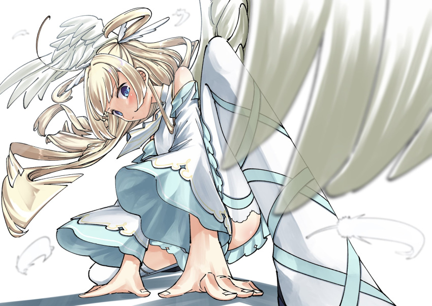 1girl ahoge angel angel_wings aqua_ribbon ascot bare_shoulders between_legs blonde_hair blue_eyes blunt_bangs blunt_ends blurry blush closed_mouth commentary_request depth_of_field detached_sleeves fighting_stance floating_clothes floating_hair foreshortening from_below hand_between_legs hand_on_floor head_down highres leg_ribbon long_hair long_sleeves looking_at_viewer nzuwaiganin ribbon shirayuki_noa shirt sidelocks simple_background sleeveless sleeveless_shirt solo squatting tenshi_souzou_re-boot! thighhighs two_side_up white_ascot white_background white_shirt white_sleeves white_thighhighs wide_sleeves wing_hair_ornament wings