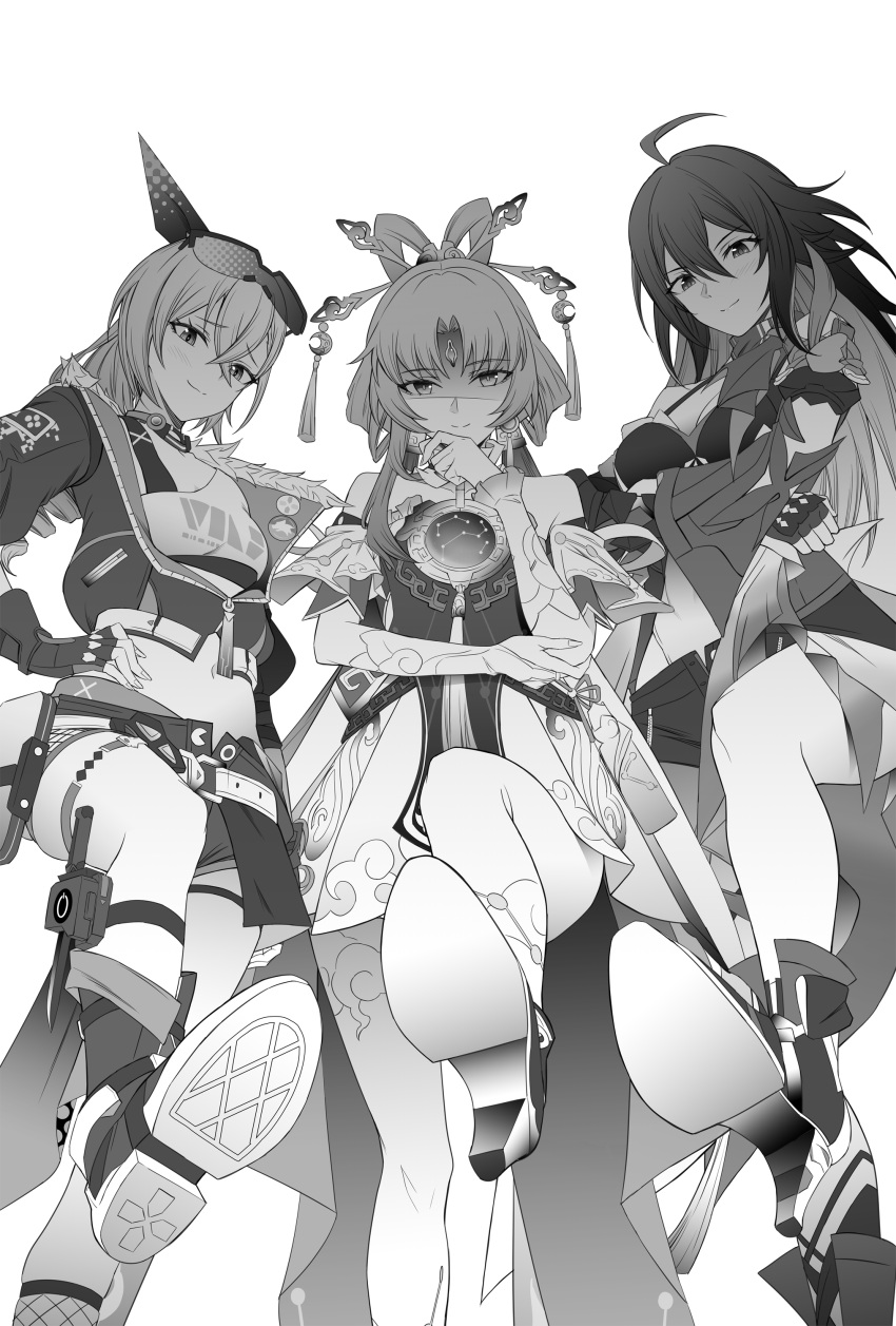 3girls absurdres ahoge bare_shoulders boots breasts bridal_gauntlets closed_mouth constellation_print cropped_jacket crossed_arms dress fingerless_gloves fingernails forehead_jewel from_below fu_xuan_(honkai:_star_rail) fur-trimmed_jacket fur_trim gloves goggles goggles_on_head hair_between_eyes hair_ornament hand_on_own_hip high_heels highres honkai:_star_rail honkai_(series) jacket long_fingernails long_hair long_sleeves looking_at_viewer medium_breasts midriff multiple_girls navel seele_(honkai:_star_rail) shoe_soles shorts silver_wolf_(honkai:_star_rail) simple_background smile standing standing_on_one_leg takai_isshiki tassel tassel_hair_ornament white_background