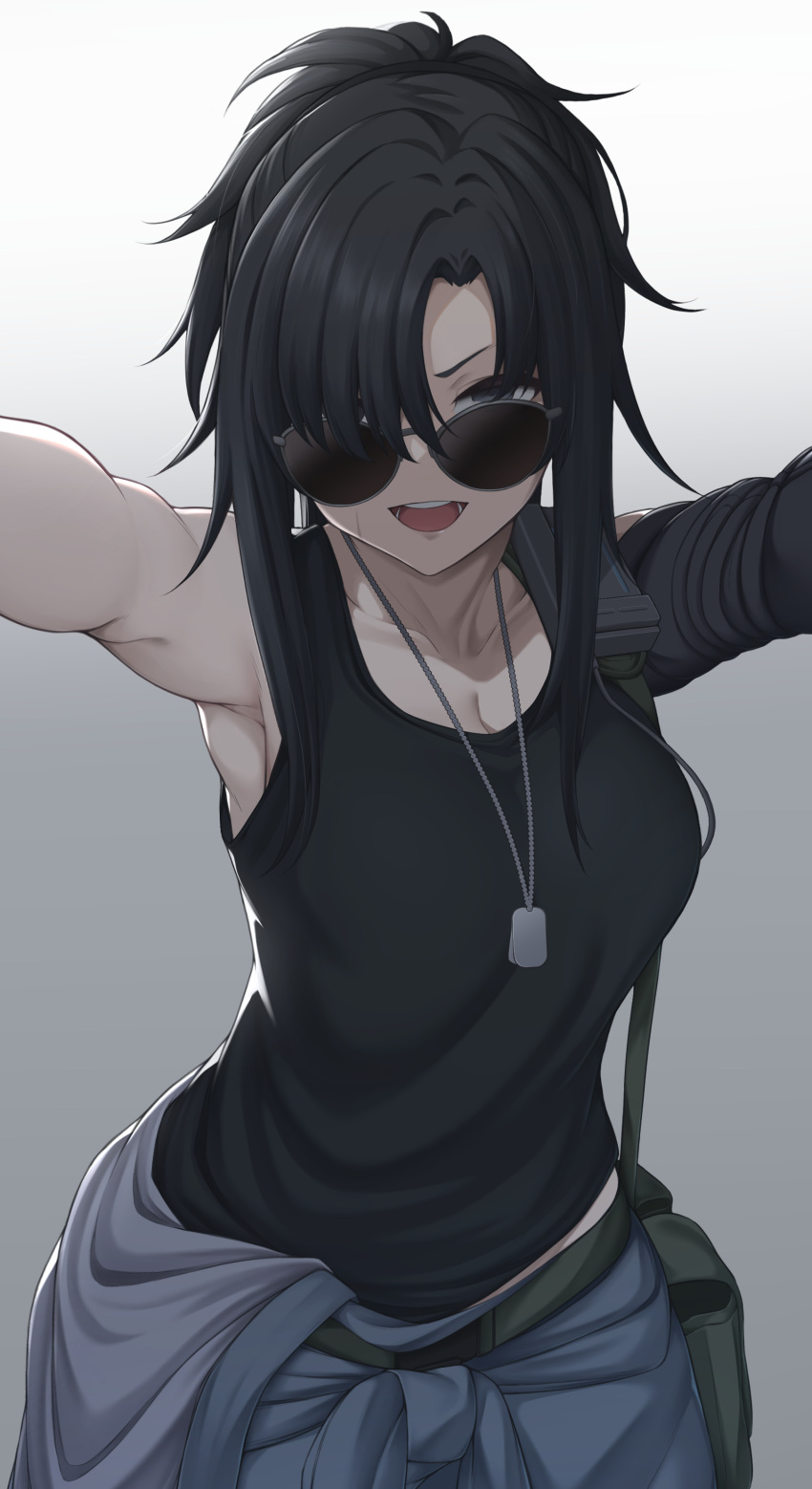 1girl :d absurdres act_(xadachit) angelia_(girls'_frontline) bare_shoulders black_hair black_shirt breasts cleavage collarbone commentary commission dog_tags english_commentary girls'_frontline gradient_background grey_background highres large_breasts long_hair looking_at_viewer open_mouth shirt simple_background sleeveless smile solo sunglasses