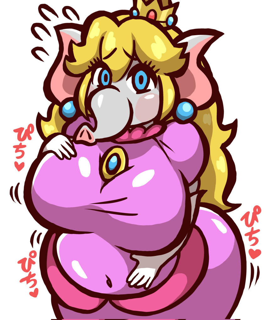 animal_humanoid anthro belly big_belly big_breasts blonde_hair blue_eyes breasts clothing crown dress elephant elephant_humanoid elephant_peach elephantid female gold_crown hair headgear hi_res humanoid japanese_text looking_at_viewer mammal mammal_humanoid mario_bros mng0 navel nintendo obese obese_anthro obese_female overweight overweight_anthro overweight_female pink_clothing pink_dress princess_peach proboscidean proboscidean_humanoid proboscis_(anatomy) solo text translation_request trunk_(anatomy) worried