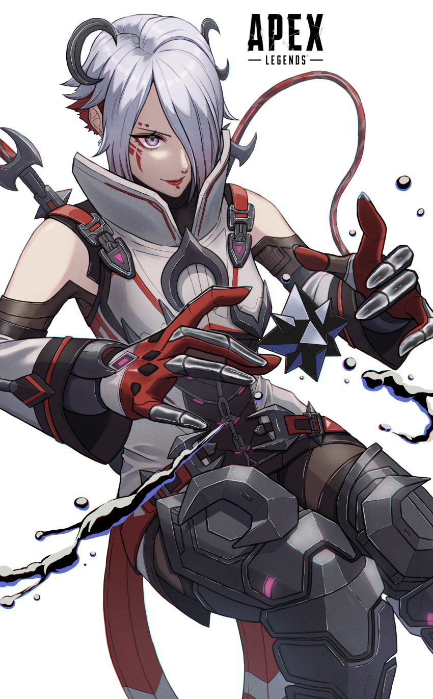 1girl absurdres animification apex_legends black_bodysuit black_footwear blood_moon_catalyst bodysuit cable catalyst_(apex_legends) clothing_cutout colored_inner_hair copyright_name flat_chest gloves grey_eyes grey_hair hair_behind_ear hair_over_one_eye highres invisible_chair jacket kirishima_kate metal_boots multicolored_hair official_alternate_costume red_gloves red_hair short_hair shoulder_cutout sitting sleeveless sleeveless_jacket smile solo white_background white_jacket