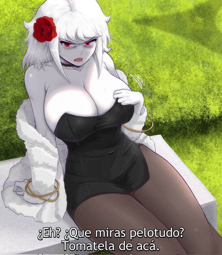 1girl argentina black_dress breasts choker cleavage colored_skin covered_navel dress fang flower hair_flower hair_ornament highres jacket large_breasts medium_hair original pantyhose red_eyes skin_tight solo spanish_text tidal white_hair white_skin