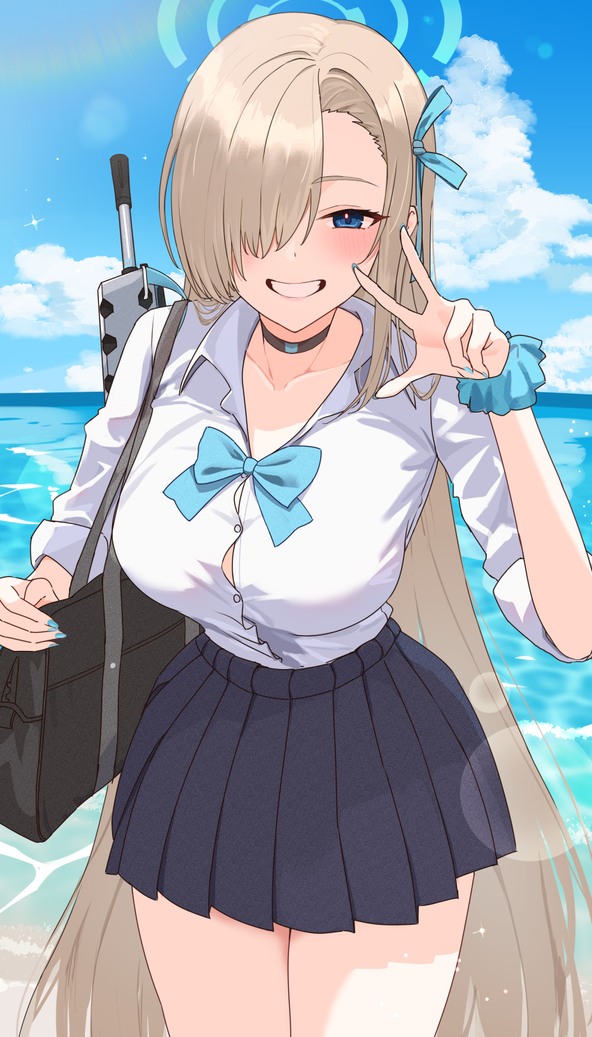 1girl absurdres asuna_(blue_archive) black_bag black_choker black_skirt blonde_hair blue_archive blue_eyes blue_halo blue_nails blue_ribbon blue_scrunchie blue_sky blush breasts choker cloud commentary_request cowboy_shot day den_(den1115_) grin gun hair_over_one_eye hair_ribbon halo hand_up highres large_breasts long_hair long_sleeves looking_at_viewer ocean one_eye_covered outdoors pleated_skirt ribbon school_uniform scrunchie shirt shirt_tucked_in skirt sky sleeves_rolled_up smile solo standing v very_long_hair weapon white_shirt wrist_scrunchie