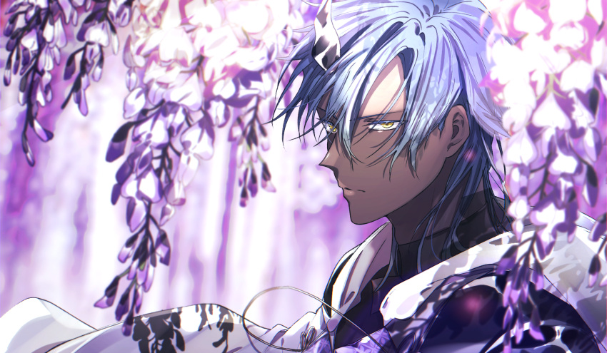 1boy blue_hair blurry closed_mouth colored_eyelashes dark-skinned_male dark_skin depth_of_field flower ginzuki_4z9 hair_over_eyes highres hood hood_down horns jacket looking_at_viewer male_focus medium_hair nature original portrait purple_theme single_horn solo string white_jacket wisteria yellow_eyes