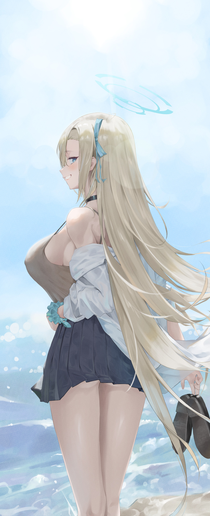 1girl absurdres aqua_scrunchie asuna_(blue_archive) black_footwear black_skirt blonde_hair blue_archive blue_halo blue_ribbon breasts from_behind hair_ribbon halo highres holding holding_shoes large_breasts long_hair looking_at_viewer ocean renge_(730) ribbon scrunchie shirt shoes skirt smile solo standing thighs white_shirt
