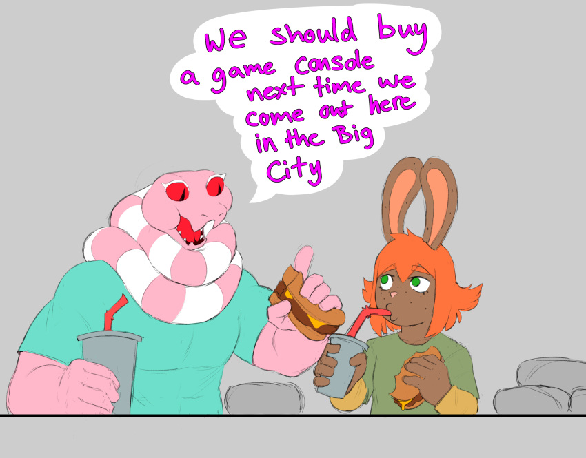 absurd_res anthro beverage burger clothed clothing dialogue drinking duo eating female food freckles green_eyes hair hi_res humanoid jack_smith lagomorph lake_smith leporid male male/female mammal muscular muscular_male rabbit rawhell reptile scalie short_hair snake soda white_eyelashes