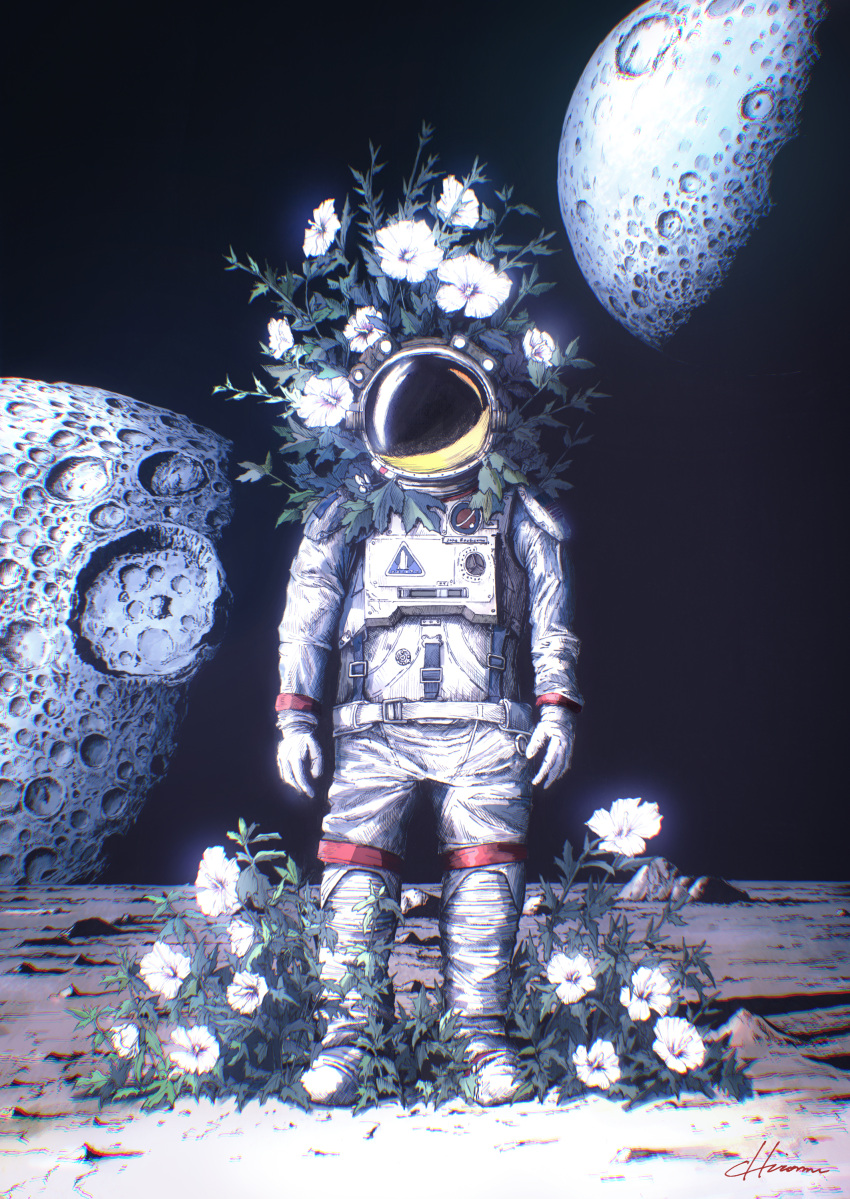 1other absurdres astronaut chromatic_aberration crater flower helmet highres hiromumaru leaf moon original plant signature solo space_helmet spacesuit standing white_flower wide_shot