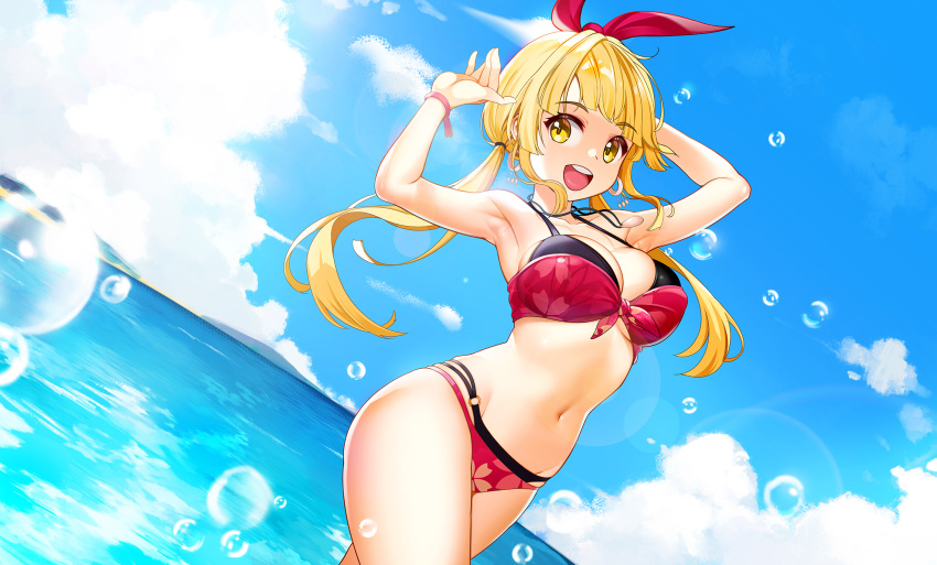 1girl armpits arms_up bang_dream! bare_shoulders beach bikini blonde_hair breasts cleavage covered_nipples cowboy_shot dopamine70 dutch_angle halterneck highres jewelry layered_bikini long_hair looking_at_viewer medium_breasts navel necklace ocean outdoors sky smile solo swimsuit tsurumaki_kokoro twintails water water_drop yellow_eyes