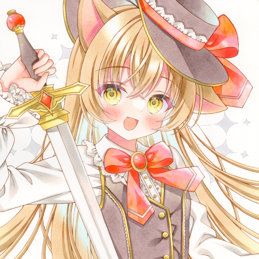 1girl animal_ears blonde_hair blush cat_ears cat_girl collared_shirt fang hand_up hat hat_ribbon highres holding holding_sword holding_weapon lace-trimmed_collar lace-trimmed_ribbon lace-trimmed_sleeves lace_trim long_hair long_sleeves looking_at_viewer neck_ribbon open_mouth original painting_(medium) puu_(kari---ume) ribbon shirt smile solo sword traditional_media upper_body vest watercolor_(medium) weapon yellow_eyes