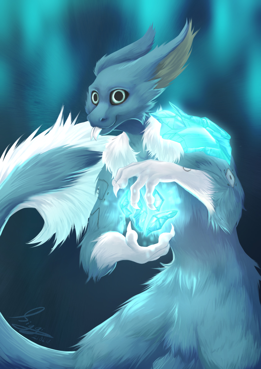 absurd_res anthro blep blue_body blue_eyes blue_fur elemental_manipulation fenril_(spicy_flakes) frost_jeckals_(huf13) fur gradient_background hi_res ice_manipulation looking_at_viewer male markings neck_tuft siggi(artist) simple_background solo tail tail_tuft thigh_up tongue tongue_out tuft white_tongue