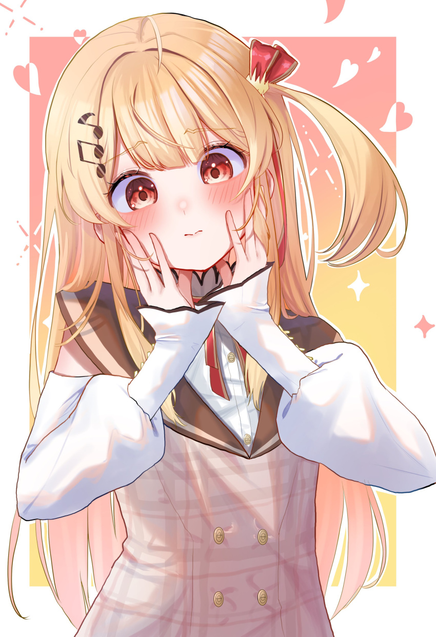 1girl absurdres ahoge bare_shoulders blonde_hair blush brown_dress brown_sailor_collar closed_mouth commentary double-parted_bangs dress gradient_background hair_between_eyes hair_ribbon hands_on_own_cheeks hands_on_own_face highres hololive hololive_dev_is long_hair long_sleeves neck_ribbon one_side_up otonose_kanade outside_border pink_background plaid plaid_dress puffy_long_sleeves puffy_sleeves red_eyes red_ribbon ribbon sailor_collar shirt solo sparkling_aura turtleneck upper_body uzuraa white_background white_shirt yellow_background