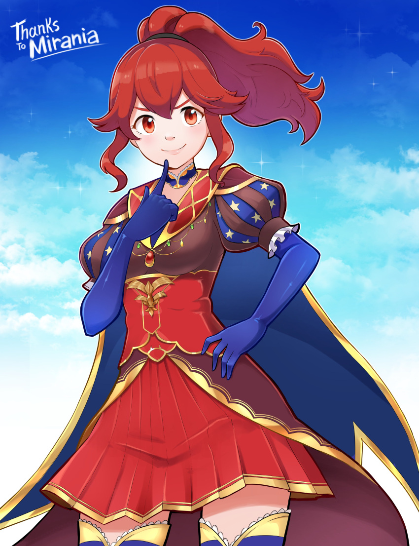 1girl absurdres anna_(fire_emblem) blue_gloves blush breasts commissioner_name cosplay detached_collar fate/grand_order fate_(series) finger_to_mouth fire_emblem gloves hair_between_eyes highres leonardo_da_vinci_(fate) leonardo_da_vinci_(fate)_(cosplay) long_hair looking_at_viewer mr.thunderigor ponytail puff_and_slash_sleeves puffy_sleeves red_eyes red_hair red_skirt sidelocks skirt small_breasts smile solo star_(symbol) star_print thank_you thighhighs