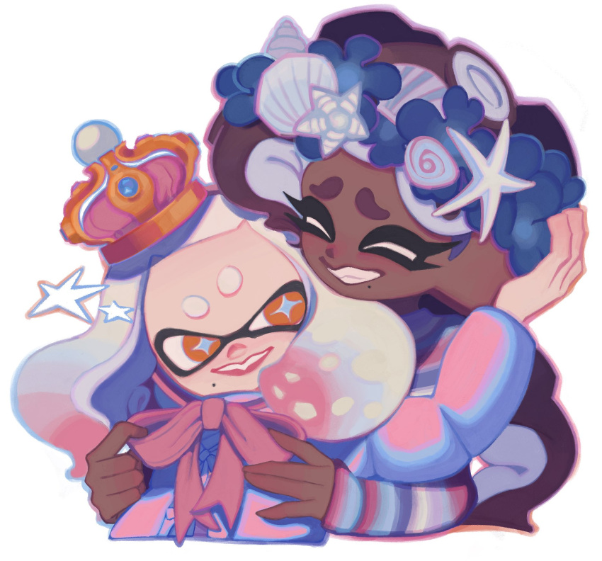 2girls black_hair bow bowtie closed_eyes commentary crown dark-skinned_female dark_skin gradient_hair head_wreath highres ka1_(k4k37) long_hair marina_(splatoon) mole mole_under_eye multicolored_hair multiple_girls multiple_moles pearl_(splatoon) pink_bow pink_bowtie pink_hair short_hair simple_background smile splatoon_(series) splatoon_3 star-shaped_pupils star_(symbol) symbol-shaped_pupils teeth tentacle_hair two-tone_hair upper_body white_background white_hair yellow_eyes