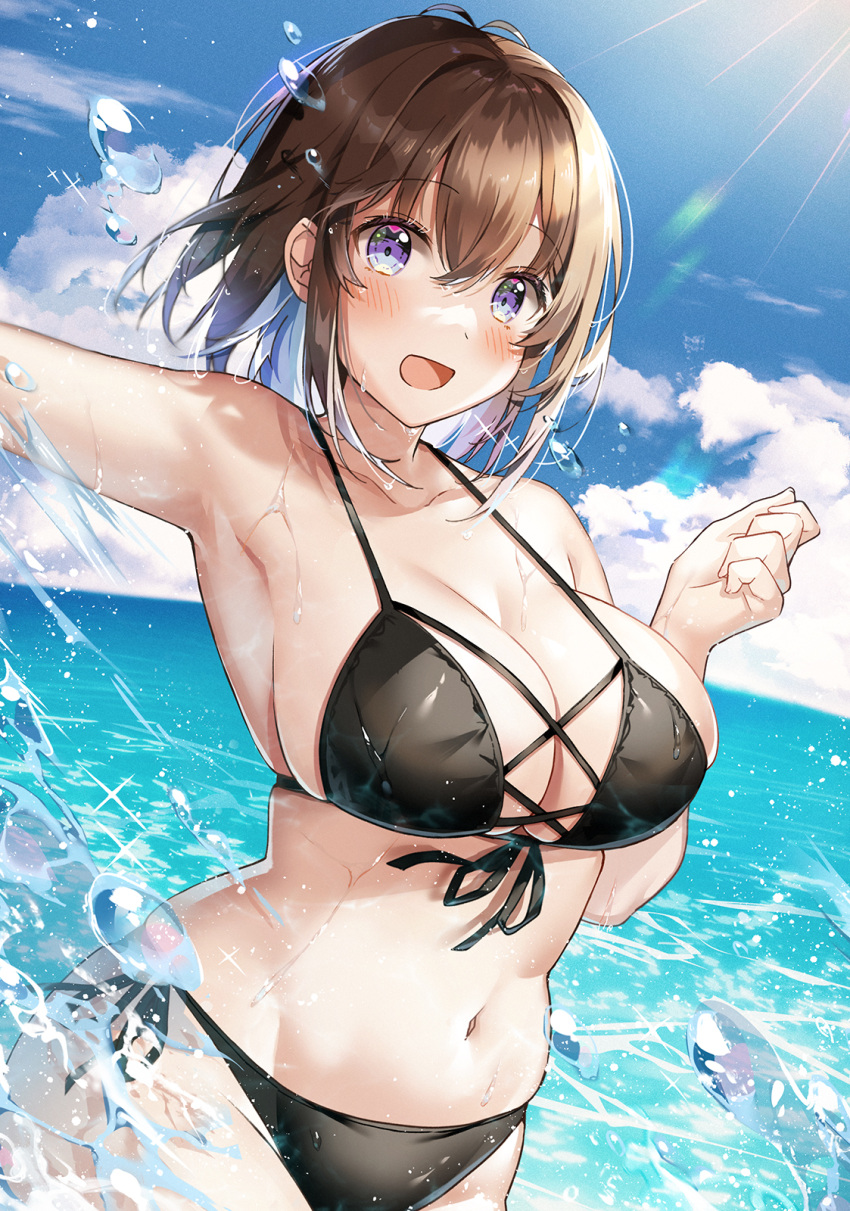 1girl :d bare_arms bare_shoulders bikini black_bikini blue_hair blush breasts brown_hair cleavage collarbone commentary_request front-tie_bikini_top front-tie_top highres large_breasts looking_at_viewer medium_hair navel ocean open_mouth original shiro_kuma_shake side-tie_bikini_bottom smile solo stomach sunlight swimsuit water wet