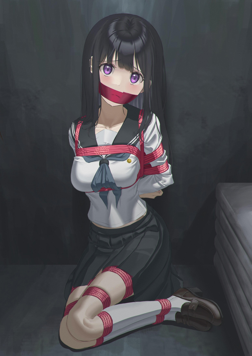 1girl absurdres bdsm black_hair bondage bound bound_ankles bound_arms bound_legs bound_thighs breasts cailin020 chitanda_eru gag highres hyouka improvised_gag kamiyama_high_school_uniform_(hyouka) long_hair purple_eyes red_rope restrained rope school_uniform serafuku shibari tape tape_gag