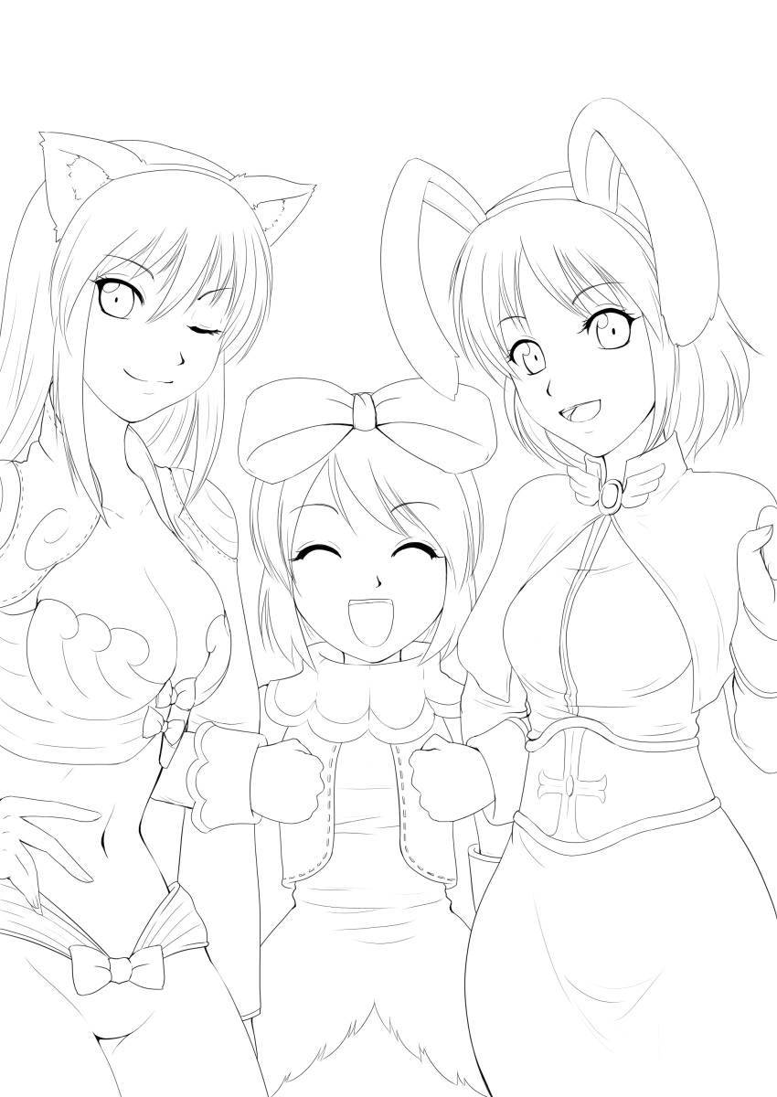 3girls :d ;) ^_^ absurdres acolyte_(ragnarok_online) animal_ears bow breasts brooch capelet cat_ears closed_eyes closed_mouth collarbone cropped_jacket floppy_ears hair_between_eyes highres jacket jewelry kanzuki_yuu lineart locked_arms long_hair long_sleeves looking_at_viewer lowleg lowleg_pants medium_breasts merchant_(ragnarok_online) monochrome multiple_girls navel one_eye_closed open_clothes open_jacket pants rabbit_ears ragnarok_online ribbon_trim shirt short_hair simple_background skirt sleeve_cuffs smile split_mouth teeth thief_(ragnarok_online) white_background