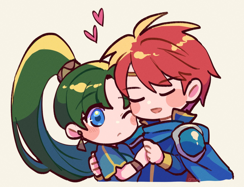 1boy 1girl blue_cape blue_eyes blush cape closed_eyes eliwood_(fire_emblem) fire_emblem fire_emblem:_the_blazing_blade green_hair hand_grab heart highres hug lyn_(fire_emblem) open_mouth ponytail red_hair simple_background ttt_fe3