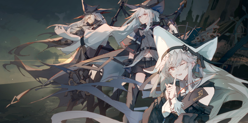 3girls ;d arknights ascot backlighting bare_shoulders belt black_coat black_gloves black_headwear black_pants black_thighhighs closed_mouth clothing_cutout cloud cloudy_sky coat finger_to_mouth floating_hair gladiia_(arknights) gloves grey_ascot grey_hair grey_shirt highres holding holding_polearm holding_sword holding_weapon index_finger_raised ken1212ab lighthouse long_hair looking_at_viewer low-tied_long_hair low_ponytail multiple_girls navel ocean one_eye_closed open_mouth outdoors pants pointy_ears polearm red_eyes shirt shushing skadi_(arknights) sky smile spear specter_(arknights) specter_the_unchained_(arknights) standing sword thigh_cutout thighhighs very_long_hair weapon weapon_on_back white_headwear