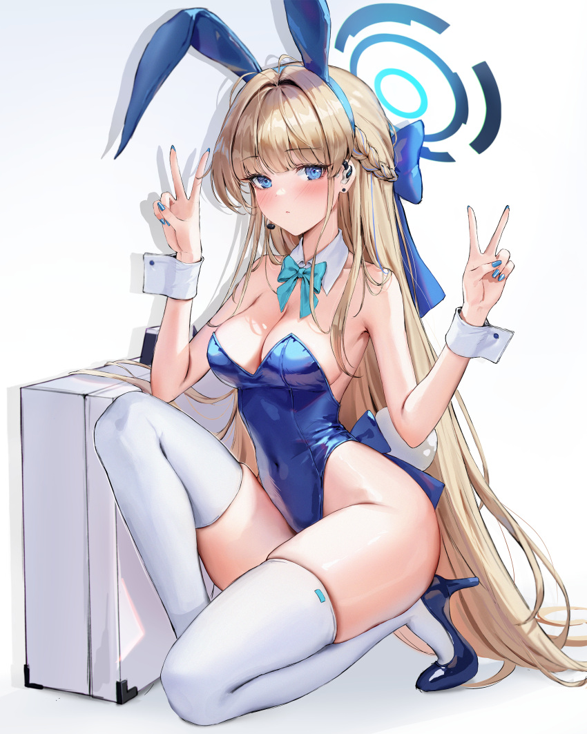 1girl absurdres animal_ears aqua_bow aqua_bowtie bare_shoulders blonde_hair blue_archive blue_bow blue_eyes blue_hairband blue_leotard blush bow bowtie breasts cleavage commentary covered_navel detached_collar double_v earpiece fake_animal_ears fake_tail gloves hairband halo high_heels highleg highleg_leotard highres jademoon leotard long_hair looking_at_viewer medium_breasts official_alternate_costume playboy_bunny rabbit_ears rabbit_tail ribbon simple_background sitting smile solo strapless strapless_leotard suitcase tail thighhighs thighs toki_(blue_archive) toki_(bunny)_(blue_archive) traditional_bowtie v very_long_hair white_background white_gloves white_wrist_cuffs wrist_cuffs