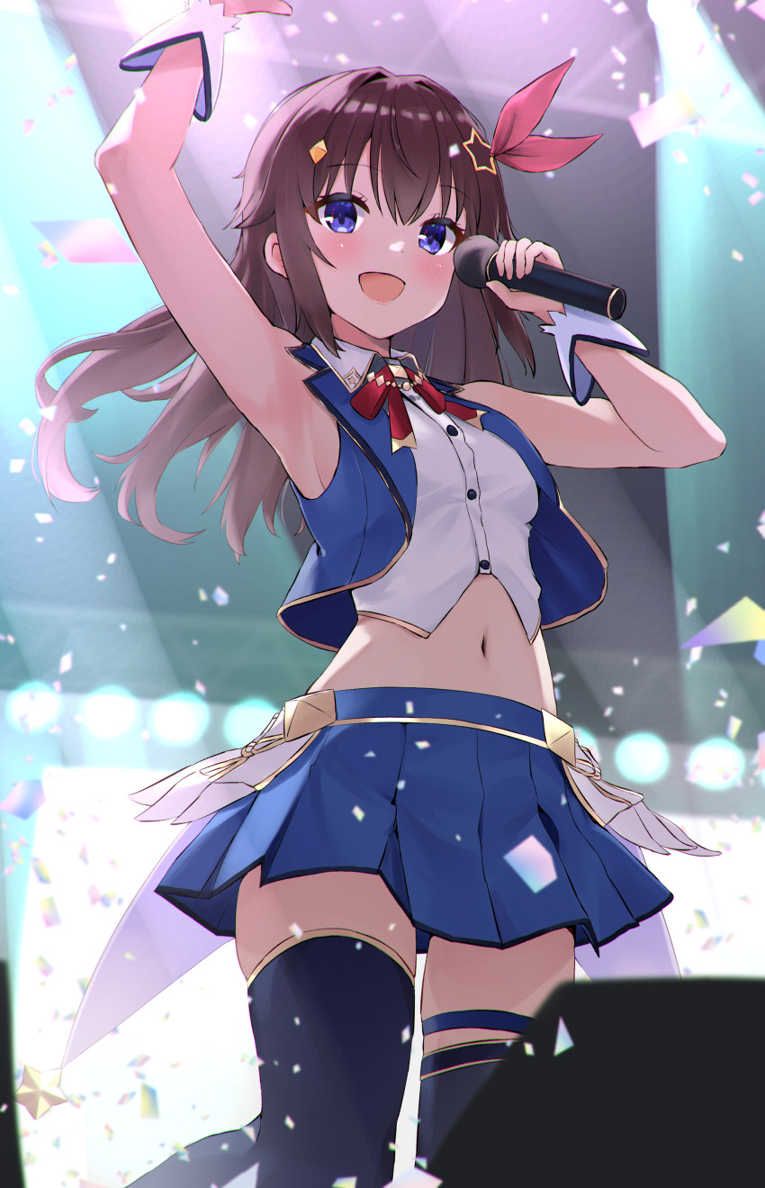 1girl absurdres arm_up armpits blue_eyes blue_skirt blue_thighhighs blue_vest blush breasts brown_hair collared_shirt commentary_request cropped_shirt cropped_vest diamond_hair_ornament gold_trim hair_flaps hair_ornament hair_ribbon highres holding holding_microphone hololive idol_clothes long_hair medium_breasts microphone midriff miniskirt myonchi navel neck_ribbon open_mouth pleated_skirt red_ribbon ribbon shirt skirt sleeveless sleeveless_shirt solo stage stage_lights star_(symbol) star_hair_ornament thighhighs tokino_sora vest virtual_youtuber waist_cape white_shirt white_wrist_cuffs wrist_cuffs