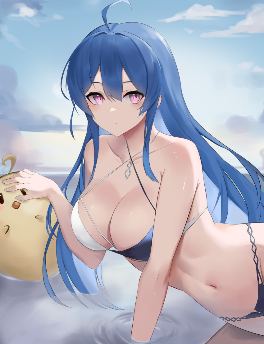 1girl absurdres arm_support azur_lane bikini blue_hair blush breasts cleavage commentary_request day expressionless frown groin hair_between_eyes hand_up helena_(azur_lane) helena_(shimmering_triangle_wave)_(azur_lane) highres large_breasts long_hair looking_at_viewer manjuu_(azur_lane) medium_breasts navel obniermarbiss outdoors partially_submerged purple_eyes solo swimsuit two-tone_bikini very_long_hair wet wet_hair