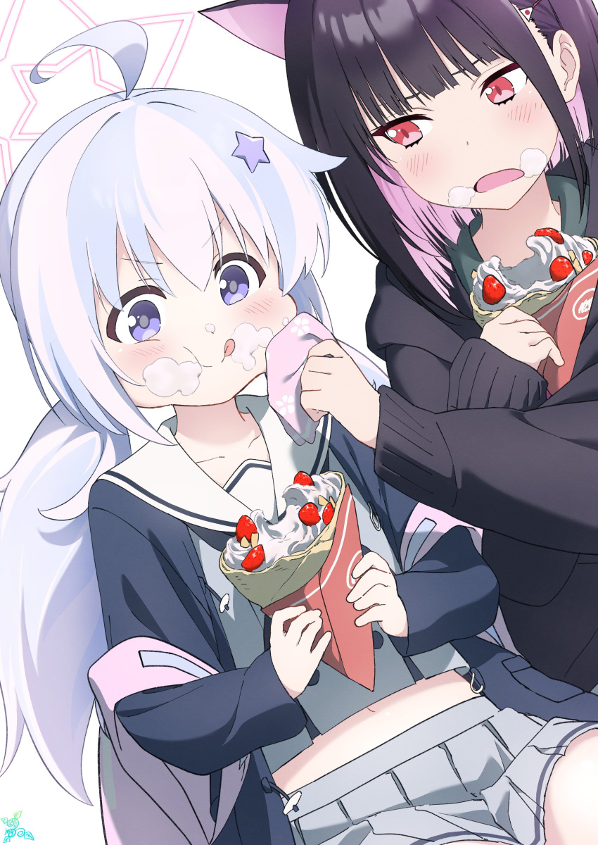 2girls absurdres ahoge black_hair blue_archive colored_inner_hair eating food food_on_face fruit grey_skirt hair_ornament halo highres kazusa_(blue_archive) long_hair low_twintails makicha_(sasurainopink) midriff multicolored_hair multiple_girls navel open_mouth pink_hair purple_eyes red_eyes reisa_(blue_archive) sailor_collar school_uniform short_hair simple_background skirt star_(symbol) star_hair_ornament star_halo strawberry twintails two-tone_hair white_background white_sailor_collar