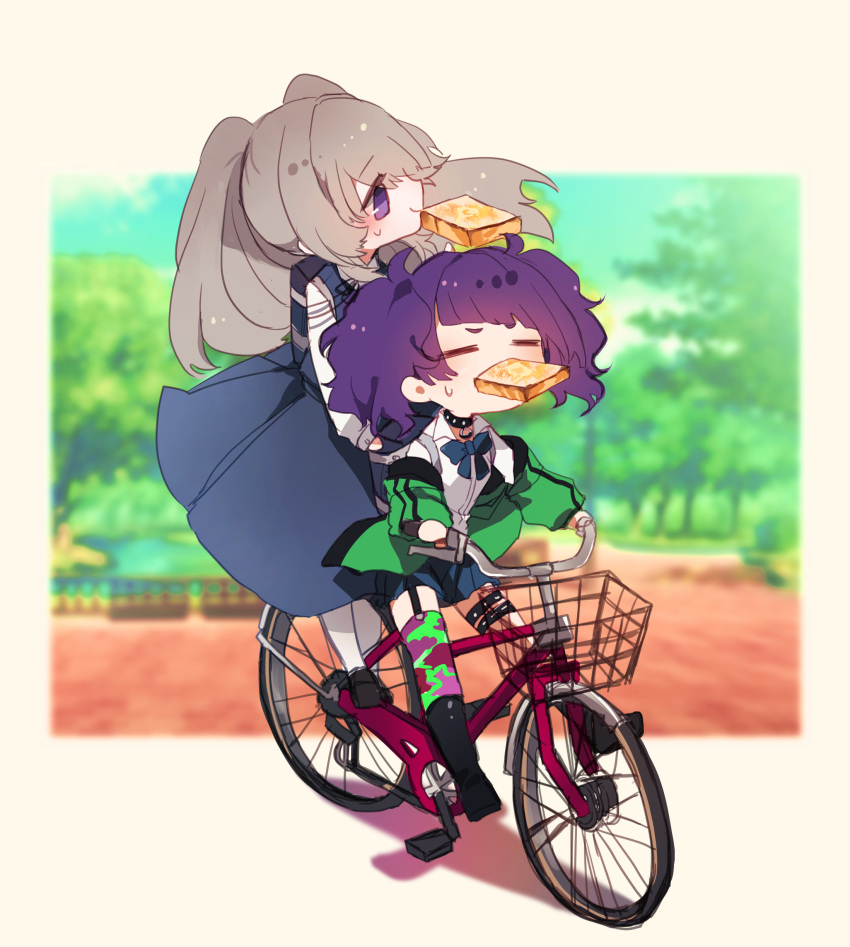 2girls =_= absurdres alternate_costume bag bicycle blue_dress blurry blurry_background blush chibi dress food food_in_mouth grey_hair ground_vehicle highres idolmaster idolmaster_shiny_colors kasasabinet looking_afar mouth_hold multiple_girls outdoors park pinafore_dress purple_hair riding riding_bicycle school_bag school_uniform sleeveless sleeveless_dress sweatdrop tanaka_mamimi toast toast_in_mouth twintails yukoku_kiriko