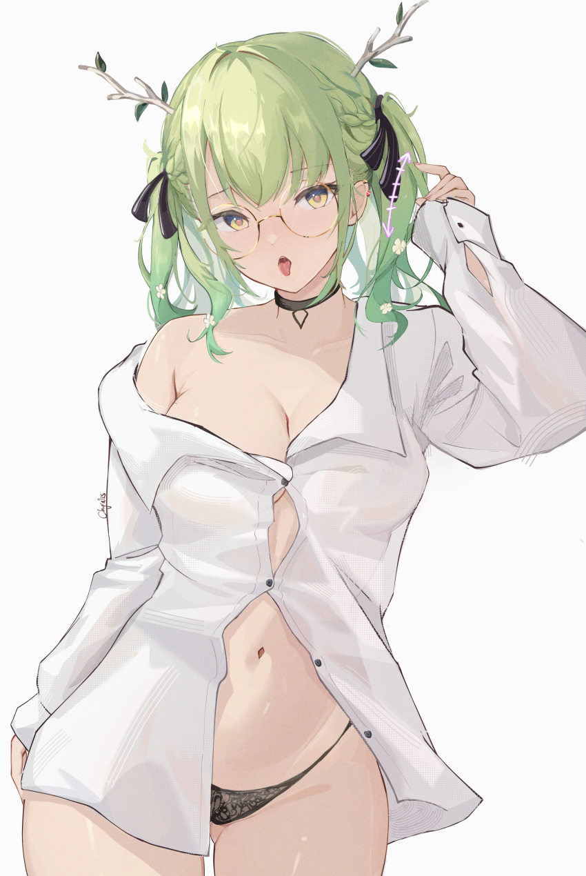1girl absurdres antlers ass_visible_through_thighs black_choker black_panties branch breasts ceres_fauna choker chyraliss flower glasses green_hair hair_flower hair_ornament hair_ribbon heart heart-shaped_pupils highres hololive hololive_english large_breasts leaf long_hair naked_shirt navel open_mouth panties partially_unbuttoned revision ribbon shirt simple_background single_bare_shoulder solo stomach symbol-shaped_pupils tongue tongue_out two_side_up underwear virtual_youtuber wavy_hair white_background white_shirt yellow_eyes