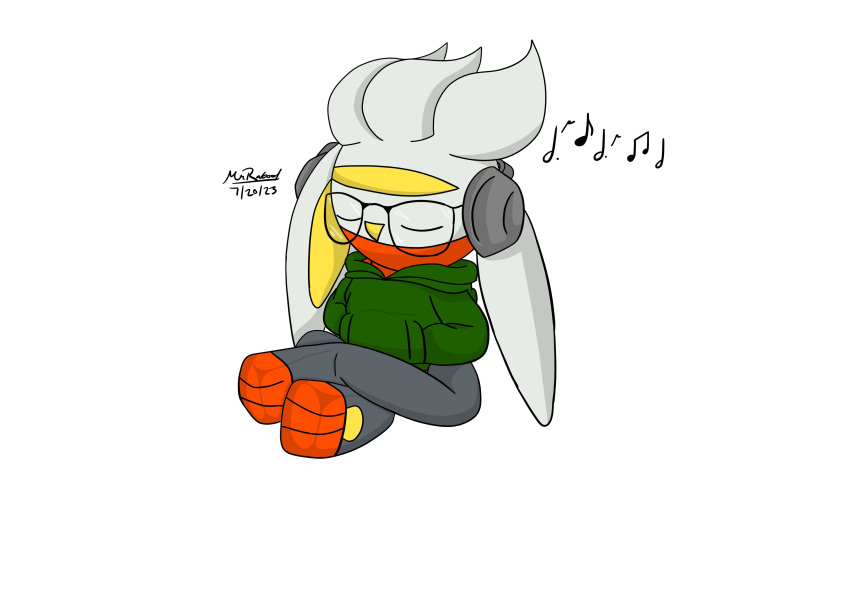 2023 absurd_res anthro clothing crossed_legs eyes_closed eyewear generation_8_pokemon glasses glasses_on_face green_clothing green_hoodie green_topwear hands_in_both_pockets headphones hi_res hoodie lagomorph listening_to_music male mammal mrraboot musical_note nintendo outerwear pokemon pokemon_(species) raboot shaded simple_background sit_down sitting sitting_on_ground solo topwear