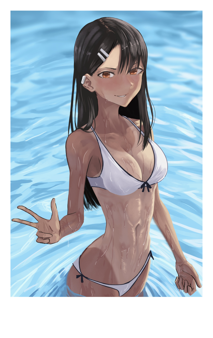 1girl absurdres bikini black_hair border breasts brown_eyes cleavage collarbone cowboy_shot dark-skinned_female dark_skin english_commentary groin hair_between_eyes hair_ornament highres ijiranaide_nagatoro-san industrial_piercing light_blush long_hair medium_breasts nagatoro_hayase navel nonsense_(dcrn4428) smile solo standing stomach string_bikini swept_bangs swimsuit tan tanlines v very_long_hair water wet white_bikini white_border