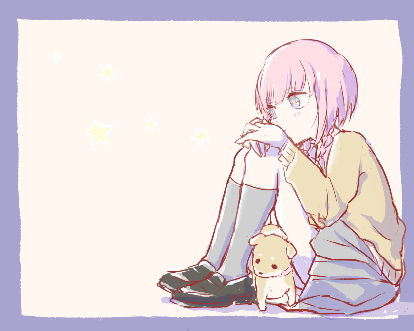 1girl blush border braid collar dog expressionless highres kaf_(kamitsubaki_studio) kamitsubaki_studio kneehighs loafers low_twin_braids memori_(egachachachan) multicolored_eyes pink_hair puppy purple_border shoes simple_background sitting skirt socks solo star_(symbol) sweater twin_braids virtual_youtuber yellow_pupils