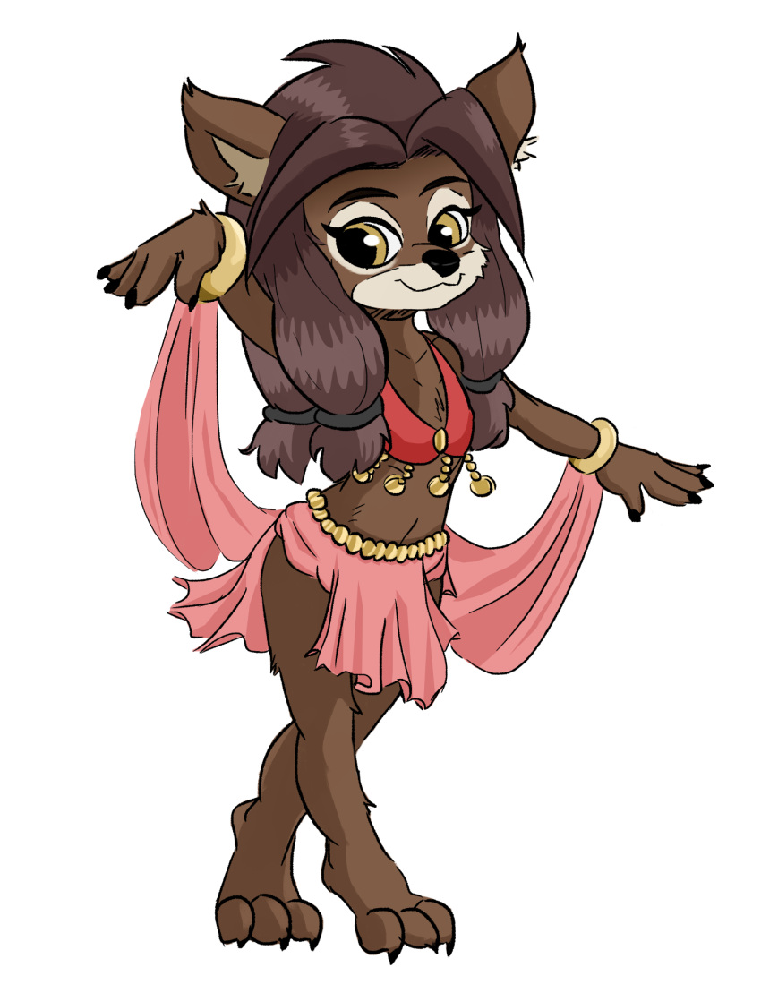 2023 anthro belly_dancer belly_dancer_outfit blizzard_entertainment canid claws dancing digital_media_(artwork) female hi_res hilda_(warcraft) mammal pose smile solo toe_claws viofsa warcraft were werecanid worgen