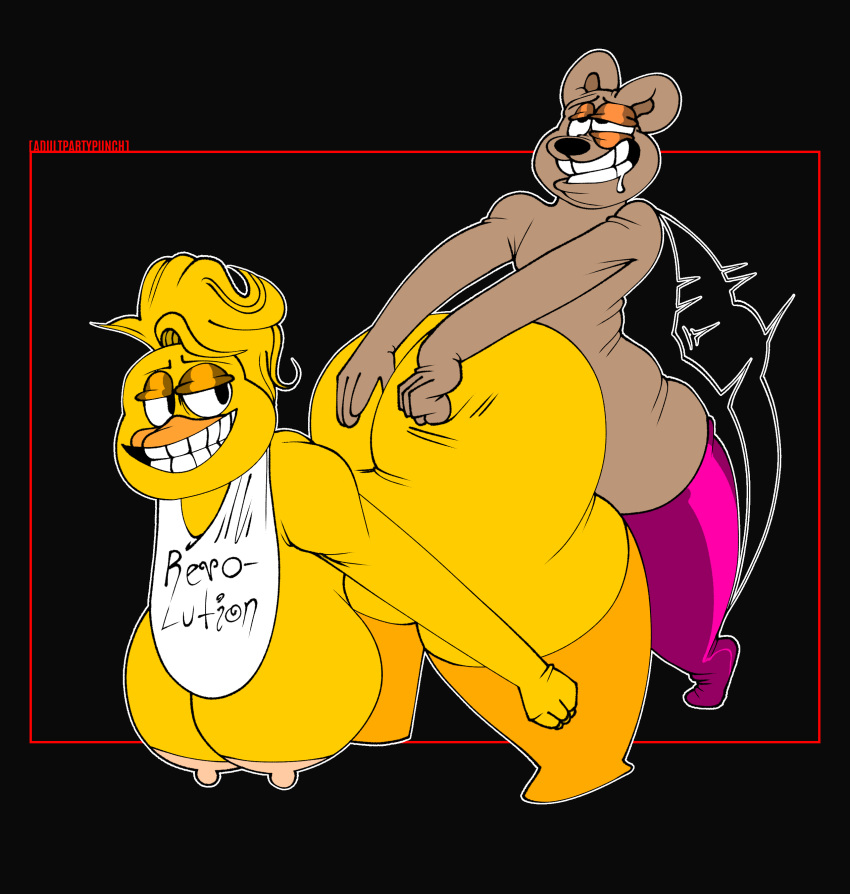 absurd_res adultpartypunch anthro bear brown_bear chica_(fnaf) chubby_male clothing duo female five_nights_at_freddy's freddy_(fnaf) girly grizzly_bear hi_res legwear male male/female mammal penetration scottgames slightly_chubby thigh_highs thrusting toony ursine vaginal vaginal_penetration