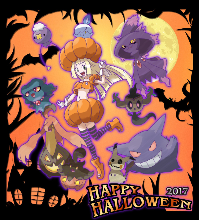 animal_print bat_print blonde_hair blunt_bangs drifloon full_moon gengar gloves gourgeist green_eyes halloween haunted_house_(attraction) highres leg_up lillie_(pokemon) litwick long_hair looking_at_viewer mimikyu misdreavus mismagius moon navel on_head open_mouth orange_background orange_footwear orange_tank_top phantump pokemon pokemon_(creature) pokemon_(game) pokemon_on_head pokemon_sm pumpkaboo pumpkin_costume pumpkin_hat pumpkin_skirt smile striped striped_thighhighs tank_top tellzeta thighhighs white_gloves