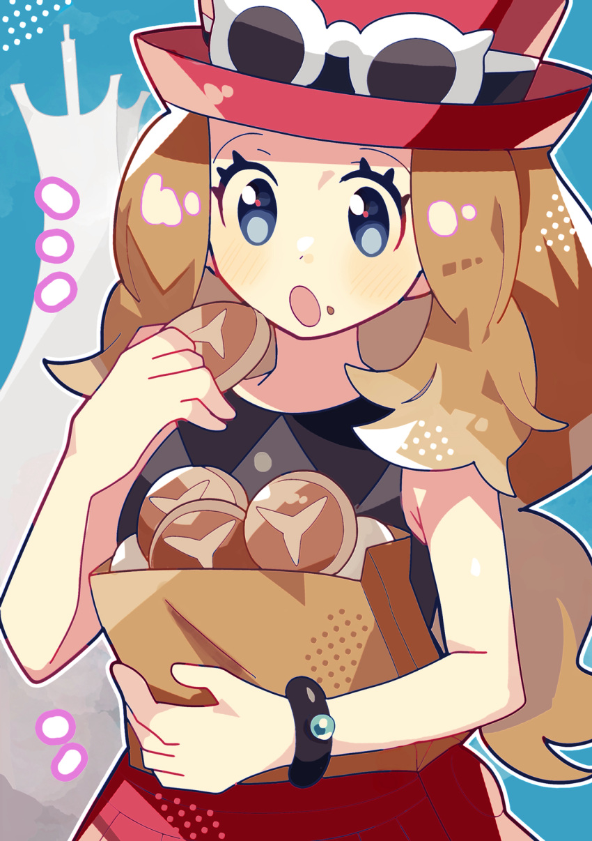 1girl :o anidler91 bag black_shirt blonde_hair bracelet bread eating eyewear_on_headwear food food_on_face hat highres holding holding_bag jewelry long_hair open_mouth pokemon pokemon_(game) pokemon_xy red_headwear red_skirt serena_(pokemon) shirt skirt sleeveless sleeveless_shirt solo upper_body