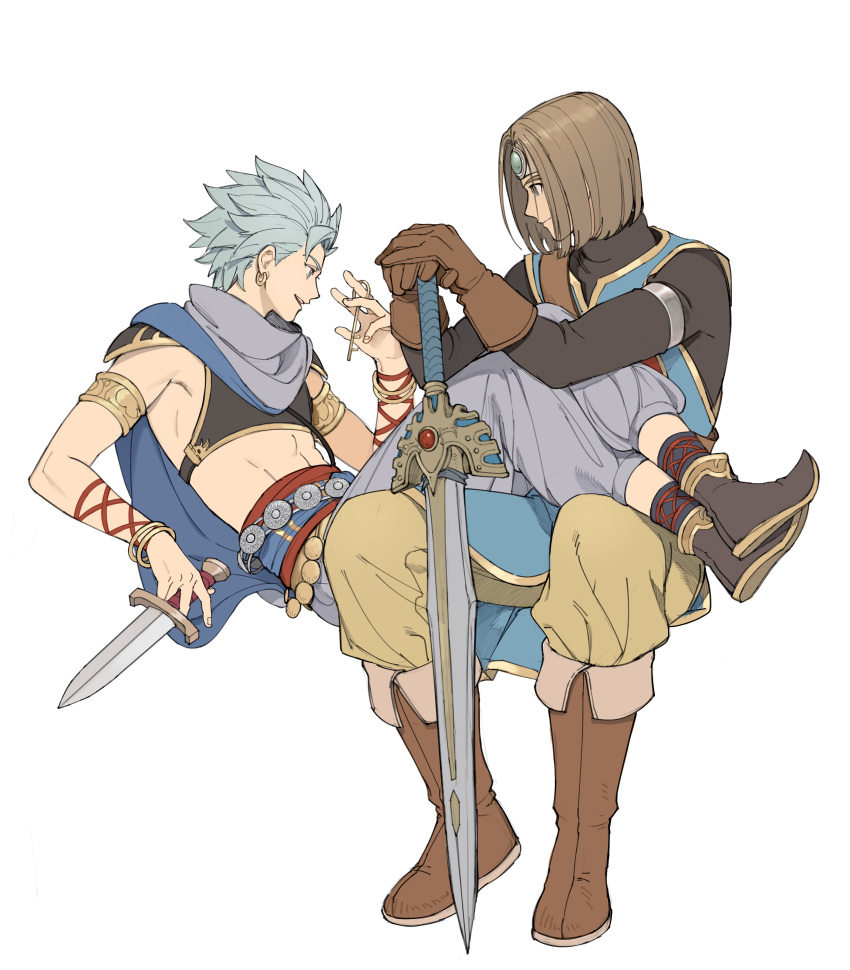 2boys abs absurdres armlet armor bangle black_footwear black_shirt blue_hair blue_pants blue_scarf bob_cut boots bracelet brown_footwear brown_gloves brown_hair camus_(dq11) crop_top dragon_quest dragon_quest_xi forehead_protector full_body gloves hand_up hands_on_hilt happy hero_(dq11) highres holding holding_knife invisible_chair jewelry key knee_boots knife leaning_back long_sleeves looking_at_another looking_away looking_to_the_side male_focus midriff multiple_boys outstretched_arm own_hands_together pants pants_tucked_in pauldrons pointy_footwear profile reclining ricemune723623 sash scarf shirt shoe_soles shoes short_hair shoulder_armor simple_background sitting sleeveless smile spiked_hair tabard tight tight_shirt toned toned_male turtleneck white_background yellow_pants