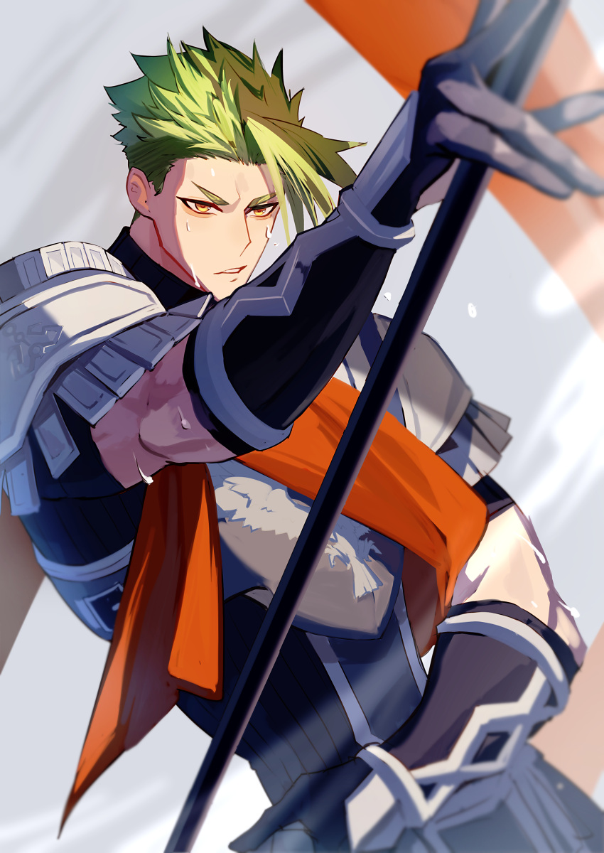 1boy absurdres achilles_(fate) armor black_shirt clenched_teeth fate/grand_order fate_(series) gauntlets green_hair grey_background haruakira highres holding holding_polearm holding_weapon male_focus orange_sash pauldrons polearm ribbed_shirt shirt short_hair shoulder_armor solo spiked_hair sweat sweatdrop teeth weapon yellow_eyes